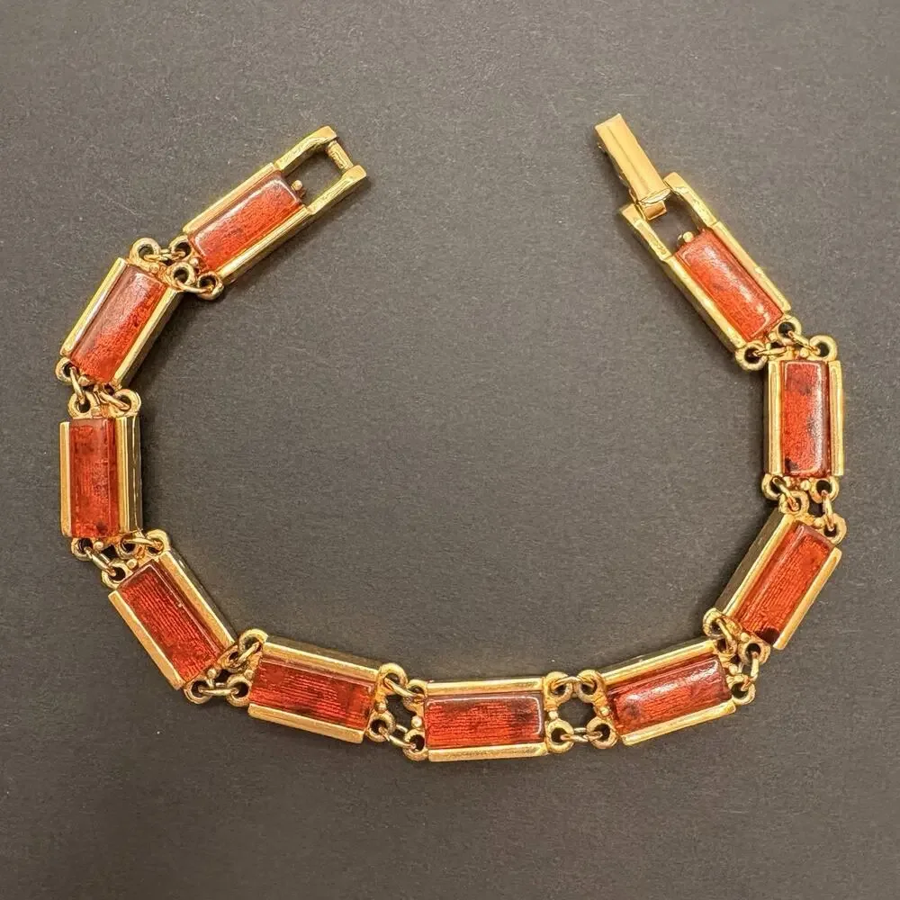 Vintage Emmons Faux Tortoise Shell Acrylic Lucite‎ Bar Gold Tone Link Bracelet